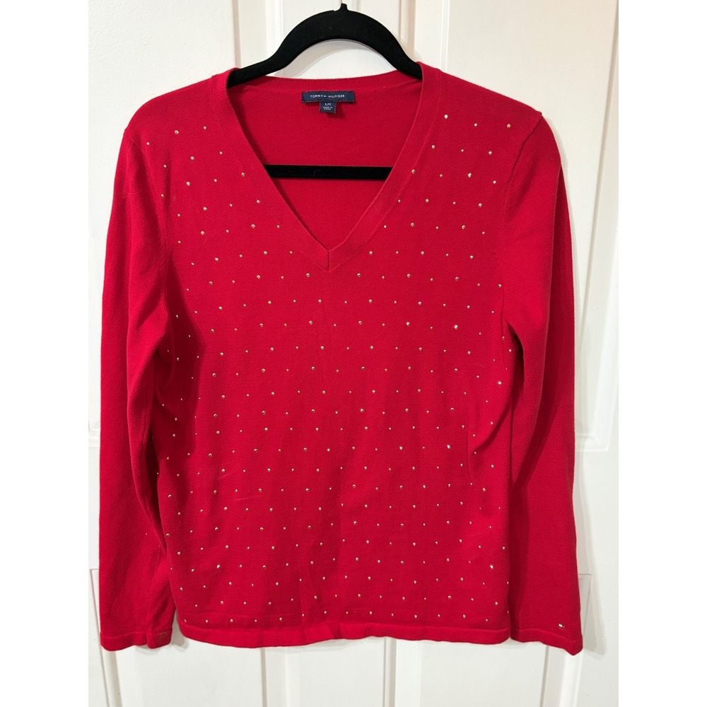 Tommy Hilfiger | Studded V-Neck Sweater | Large || Red|